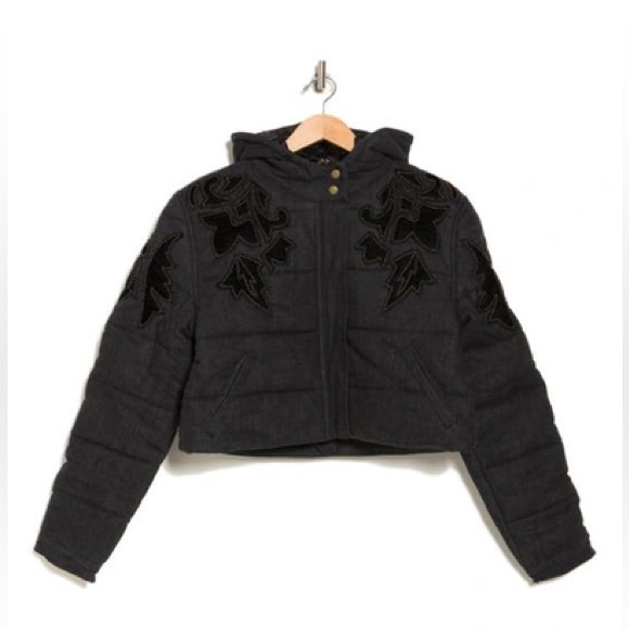 Free People Fleur De Lis Denim Puffer Jacket / Washed Black NWT - Picture 2 of 7